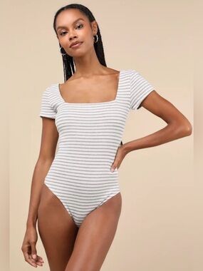 NWT Lulu's White Ribbed Square Neck Short Sleeve Bodysuit with Gray Stripes - M